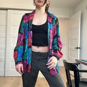 VINTAGE 90s Multi Geometric Print Sheer Retro Button Down Shirt